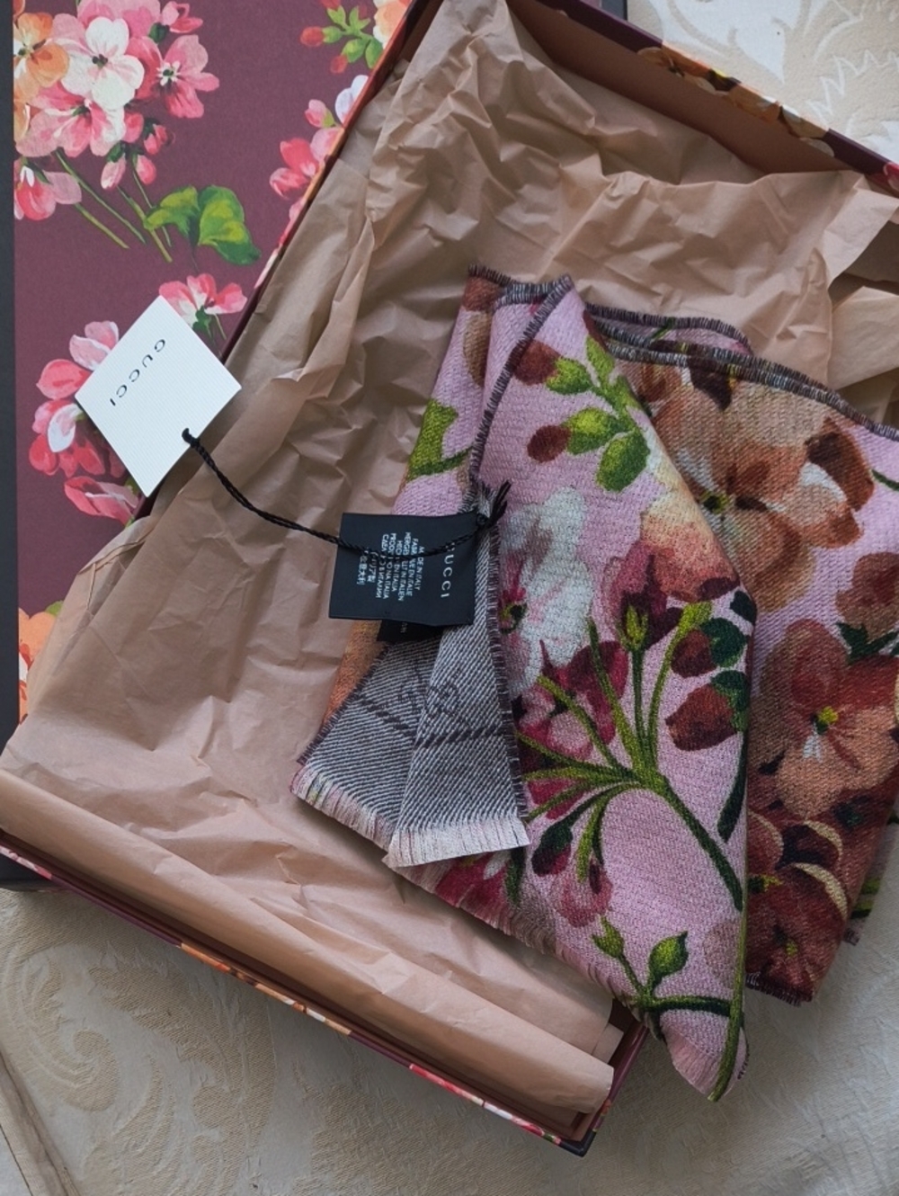 Gucci Pink Floral Silk-Blend Scarf with Green Accents